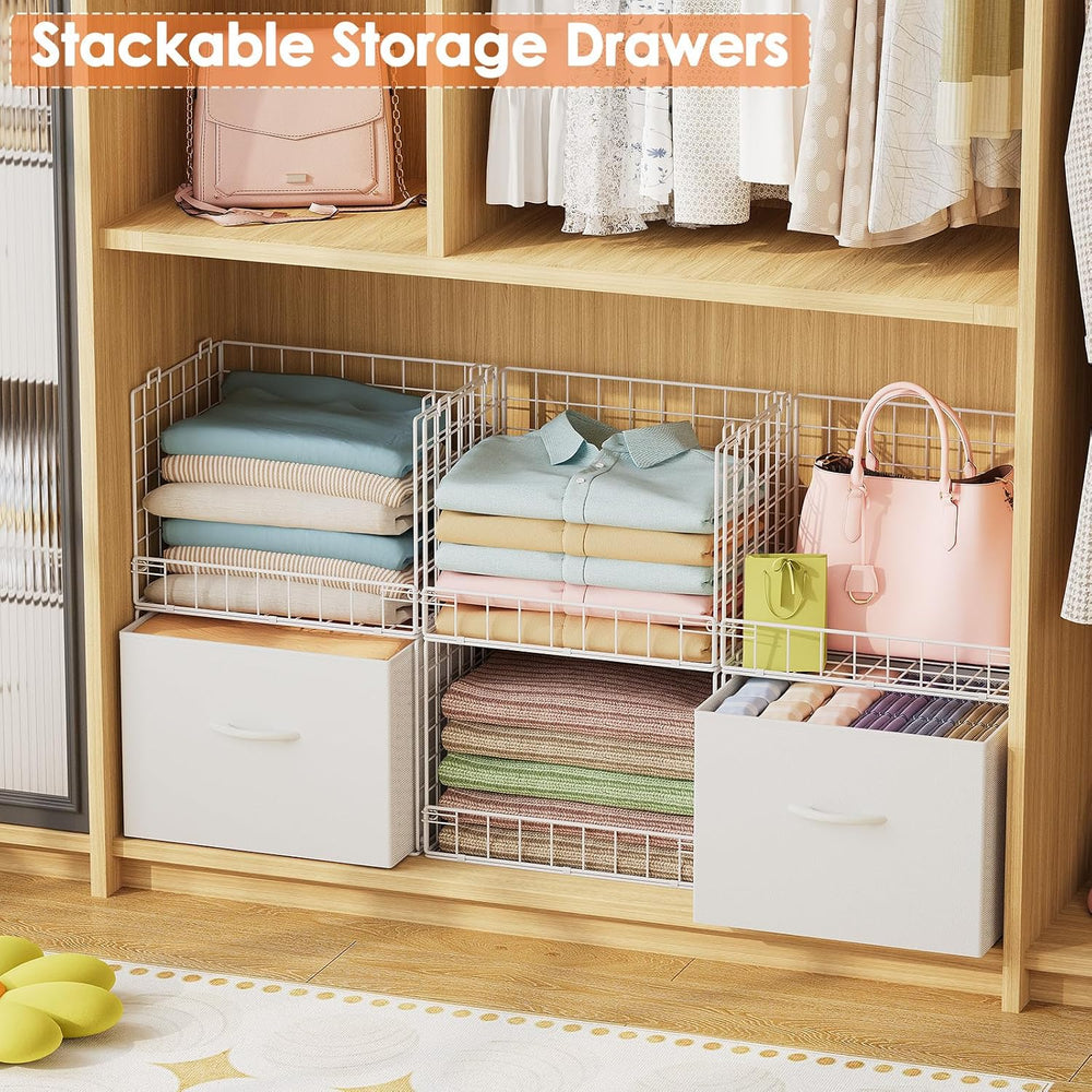 4-Tier Stackable Closet Organizers with 2 Drawers, Foldable Closet Shelf Orga...