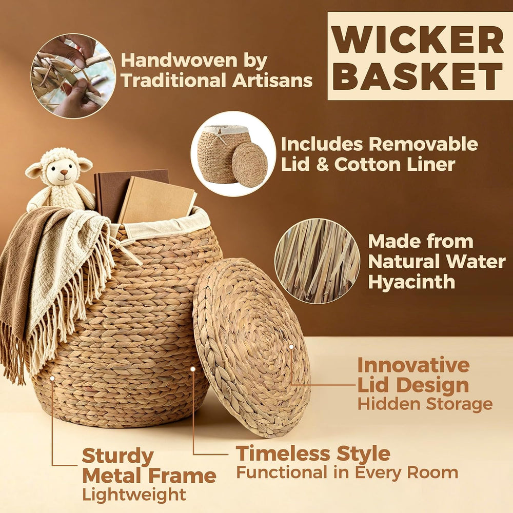 Wicker Basket with Lid Decorative Storage - Large Blanket Basket for Living R...