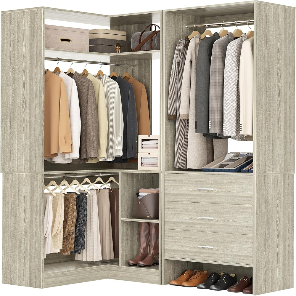 Aheaplus Closet System with 3 Drawers, L-Shaped Closet,Set of 2, White Oak