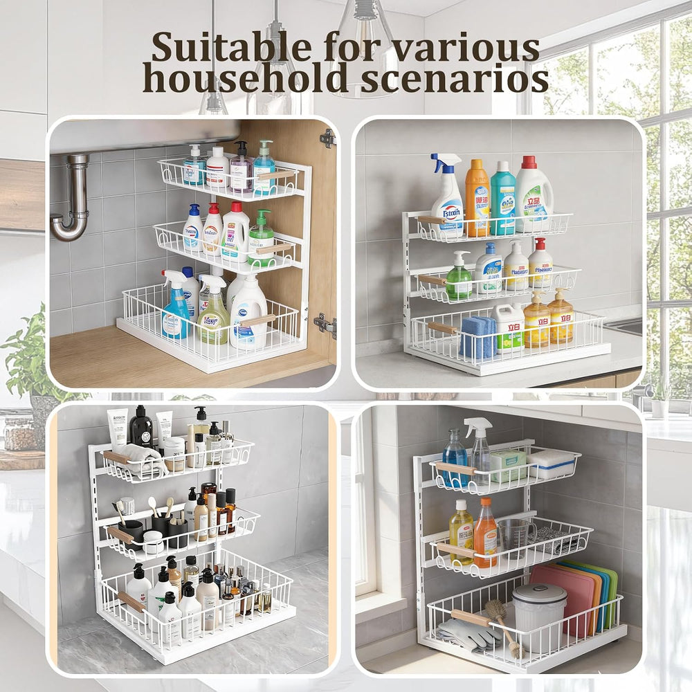3 Tier Under Sink Organizer, Adjustable Pull Out Metal Storage Drawer