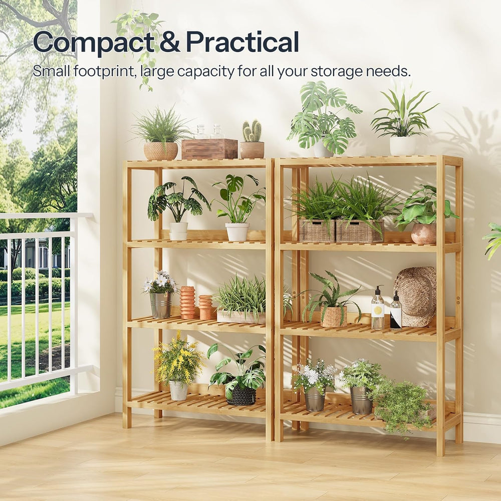 HOOBRO Bamboo Storage Shelf, 4-Tier Freestanding Shelving Unit, Multifunction...