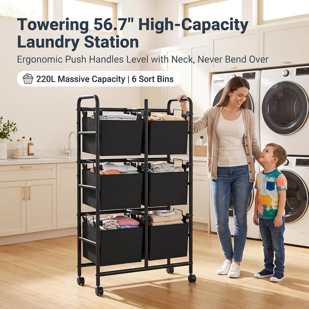 3-Tier Rolling Laundry Sorter Cart, 220L 6-Bag Laundry Hamper on Wheels