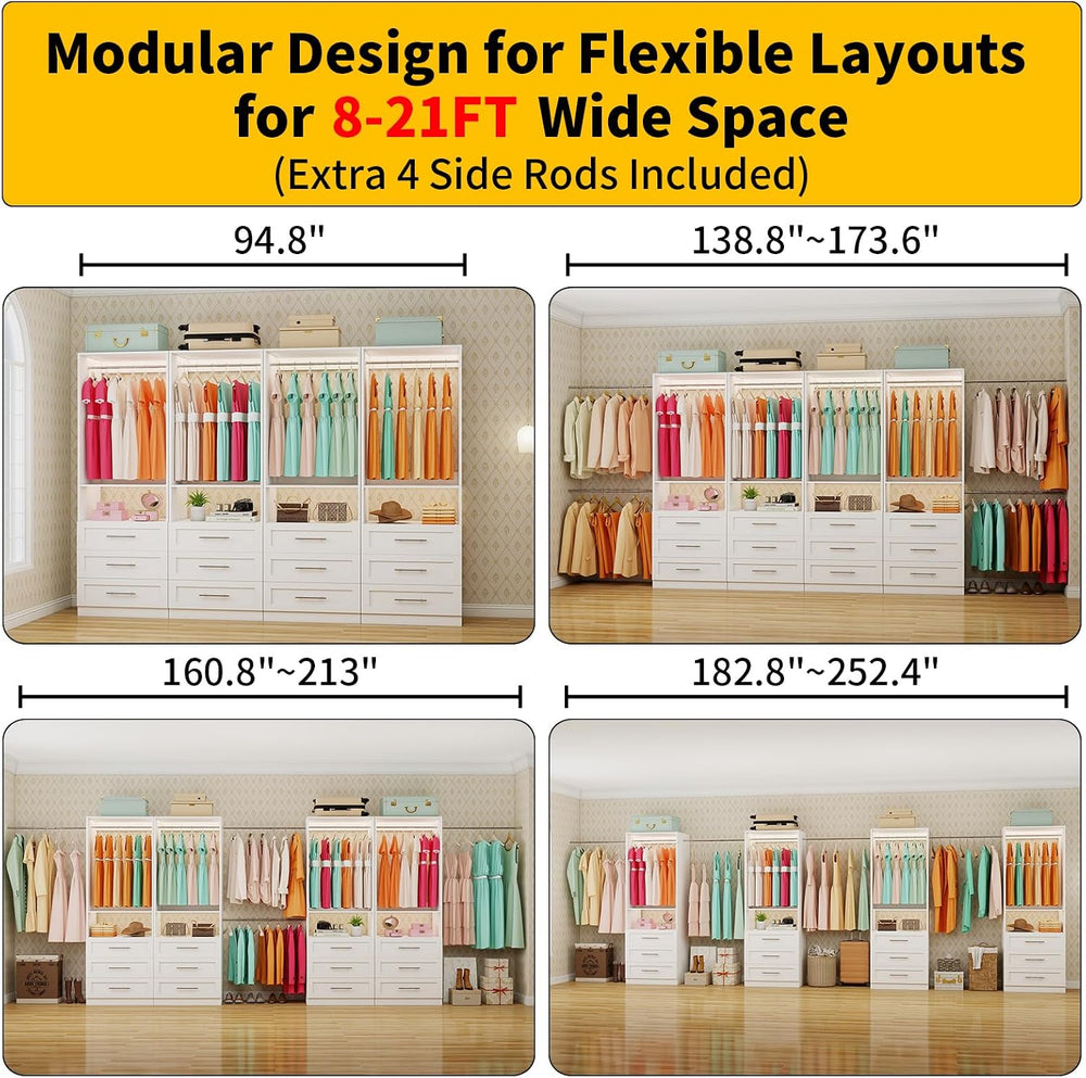 Closet System with 4 Sets, 8FT-21FT Custom Closet System with 9 Drawers for W...