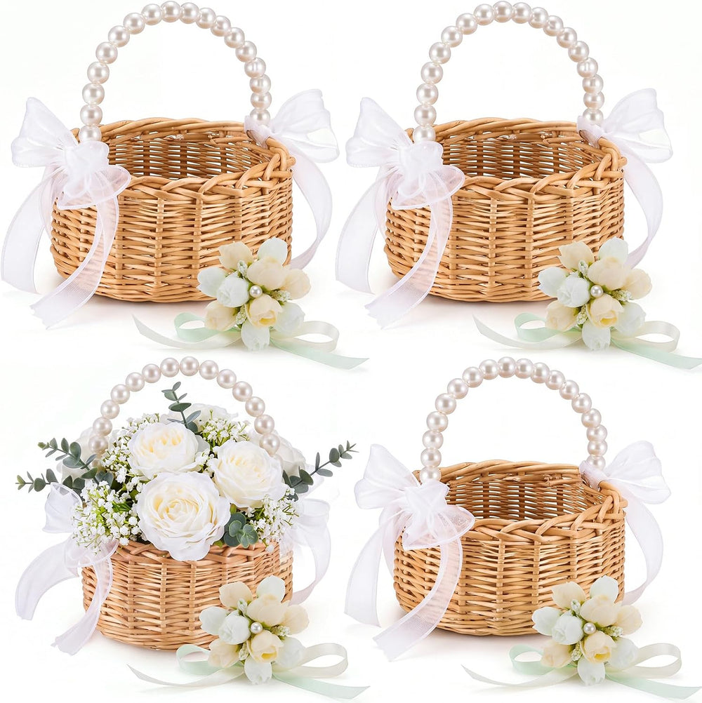 Thyle 4 Sets Wicker Rattan Flower Girl Basket with Wrist Corsage, Champagne
