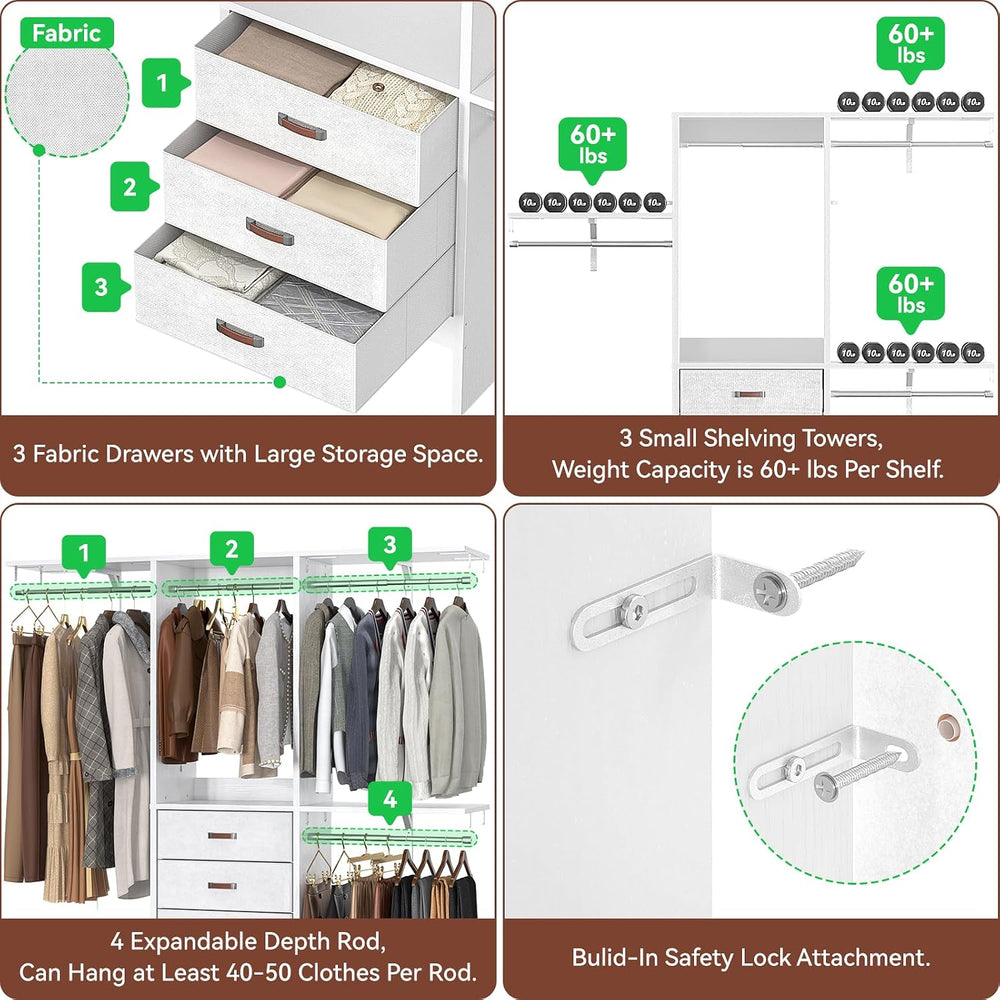 Armocity 5FT Small Closet System with 3 Fabric Drawers, 60 Inches Walk In Clo...