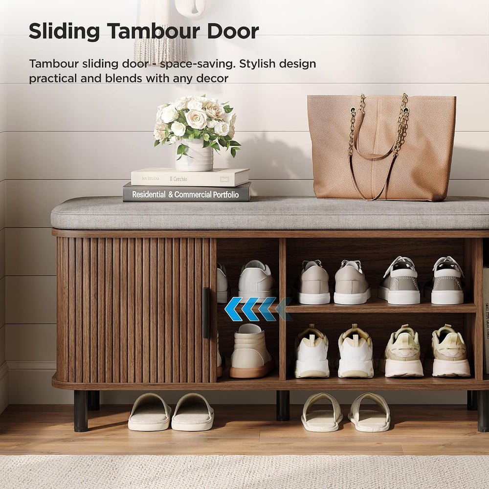 Maupvit Shoe Storage Bench with Smooth Fluted Sliding Doors, 2 Tier Hidden Sh...