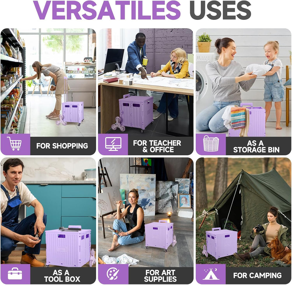 Rolling Crate with Stair Climbing Wheels, Foldable Utility Cart with Detachab...