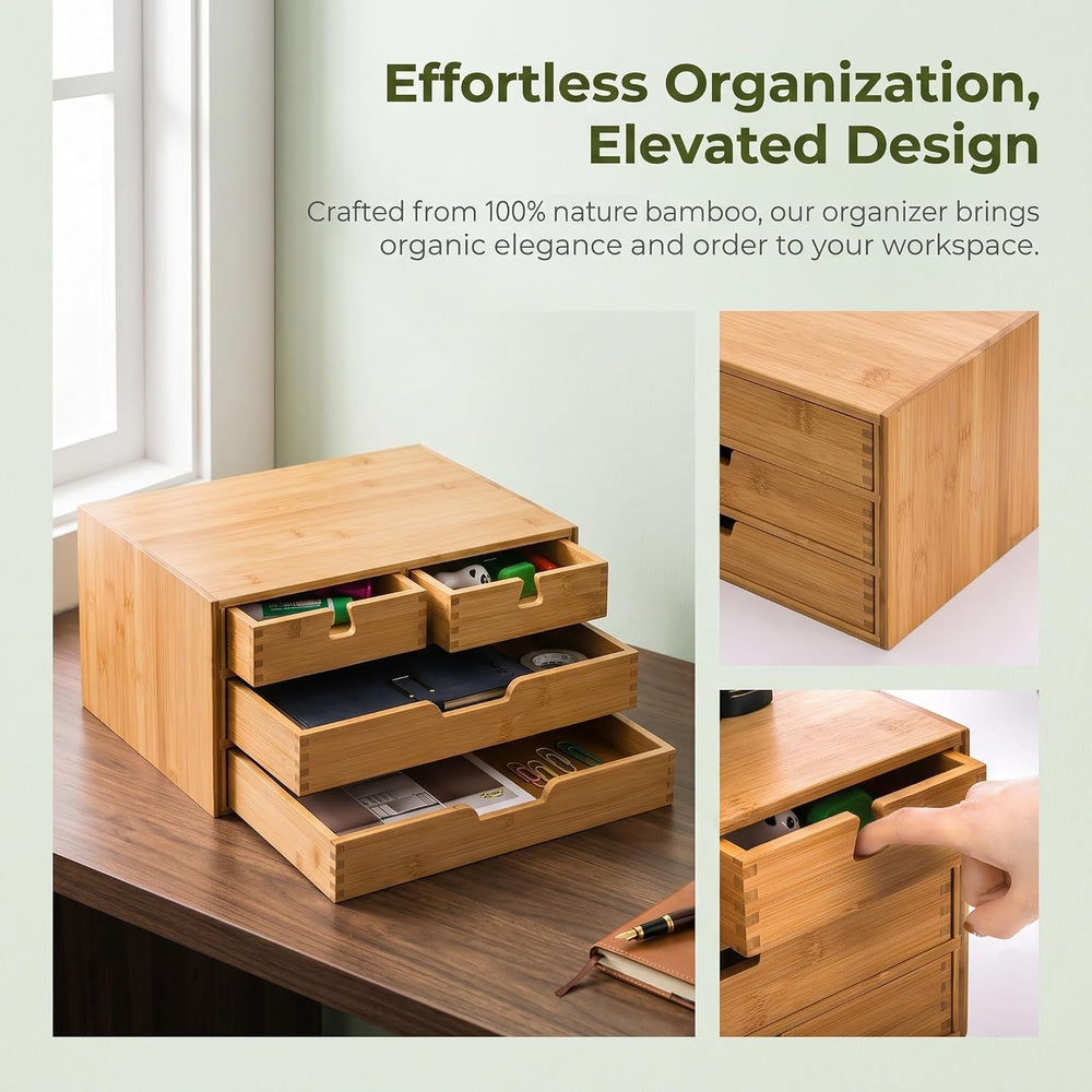 DEAYOU Bamboo Desk Organizer, 100% Natural Bamboo Desktop Drawer Organizer, T...
