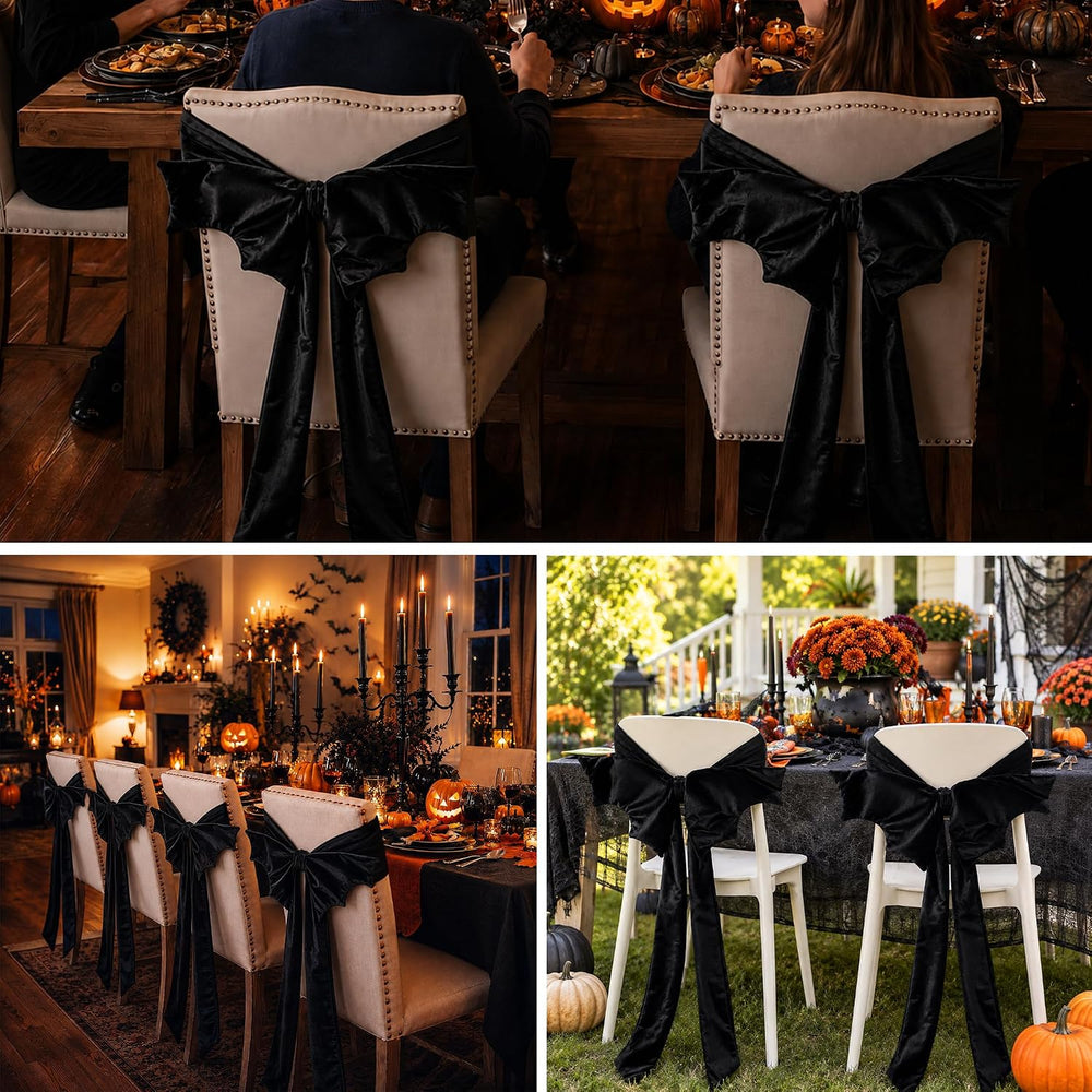 6 Pcs Black Velvet Chair Bow Sashes, 33"L Halloween Chair Bow Cover Decor
