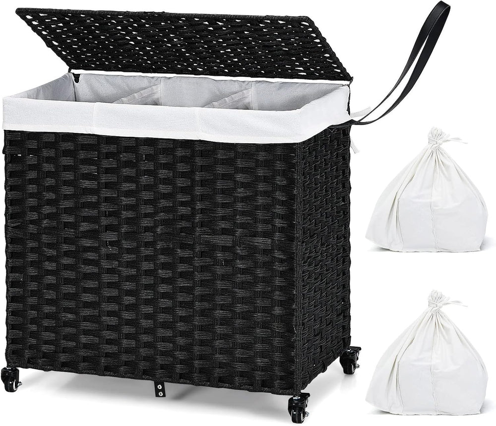 GOFLAME Laundry Hamper with Lid and Wheels, 125L Hand Woven Rattan Laundry Ba...