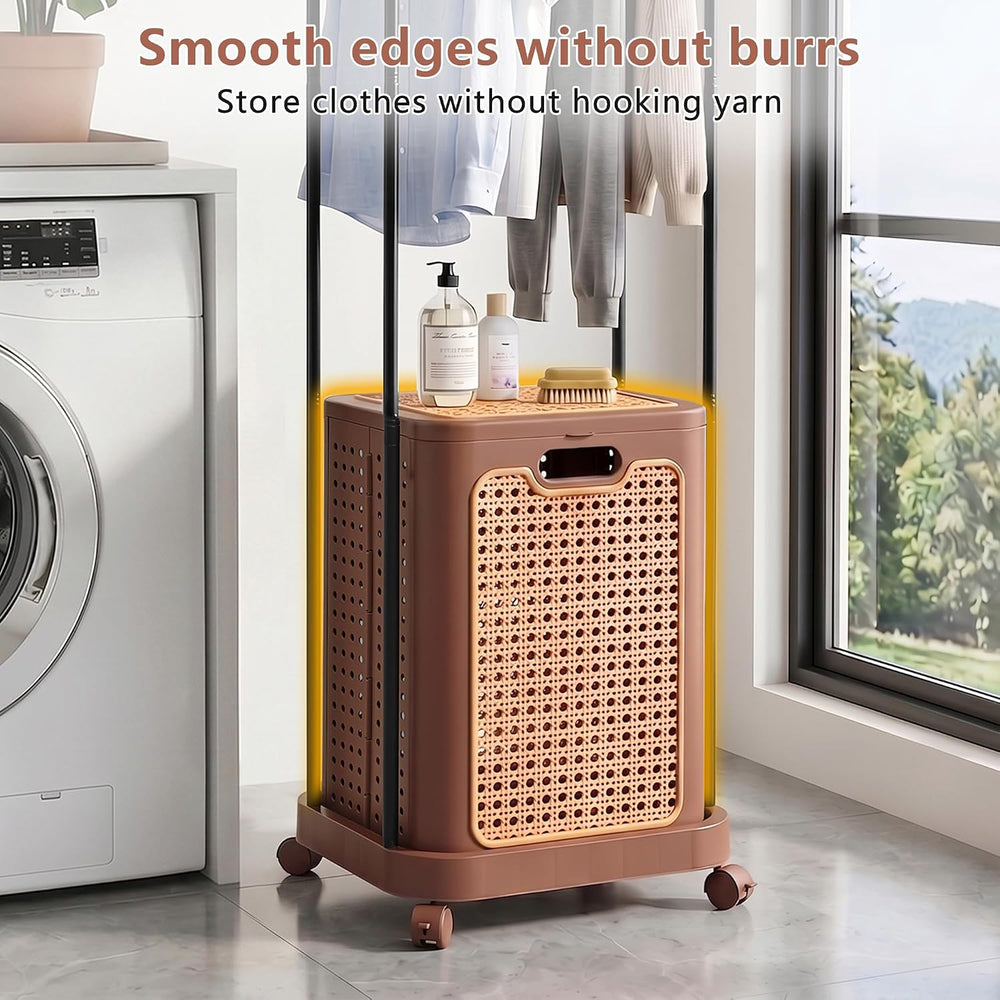 VECELO Laundry Hamper with Clothes Rack, Rolling Laundry Basket with Lid and ...