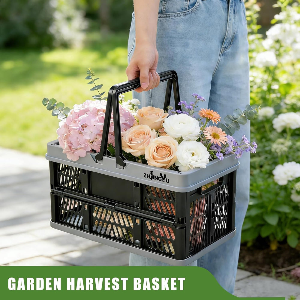 20L Plastic Basket with handles,2-pack Black Collapsible crates for storage