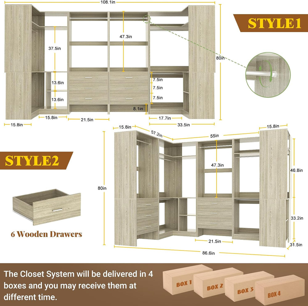 Aheaplus Closet System with Drawer，Hanging Rods,U-Shaped，Set of 4,White Oak