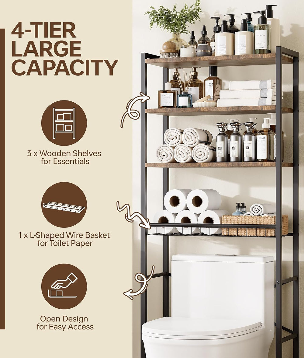 4-Tier Over-the-Toilet Storage Rack with One-Piece Wooden Shelves & Open ...