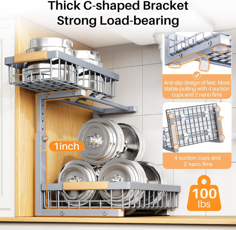 PXRACK Under Sink Organizer, Adjustable Height, 2 Tier Pull Out Under Cabinet...
