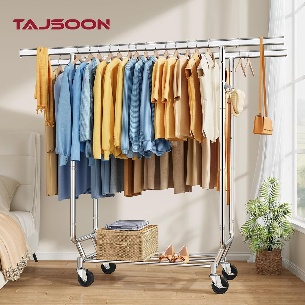 Tajsoon Clothes Rack Double Rod Clothing Rack with Wheels Load 450 LBS