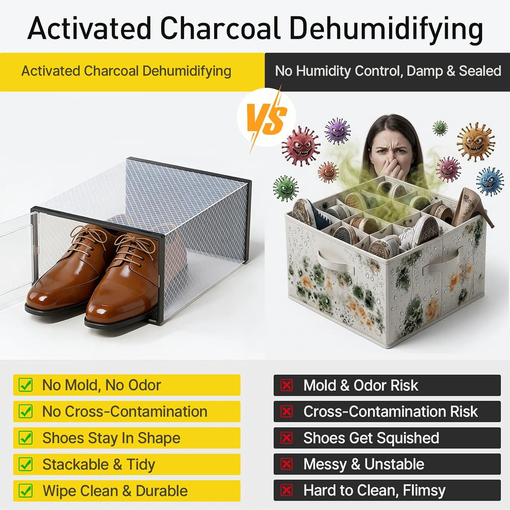 Kuject X-Large Shoe Storage Boxes with Activated Charcoal Packs for Closet