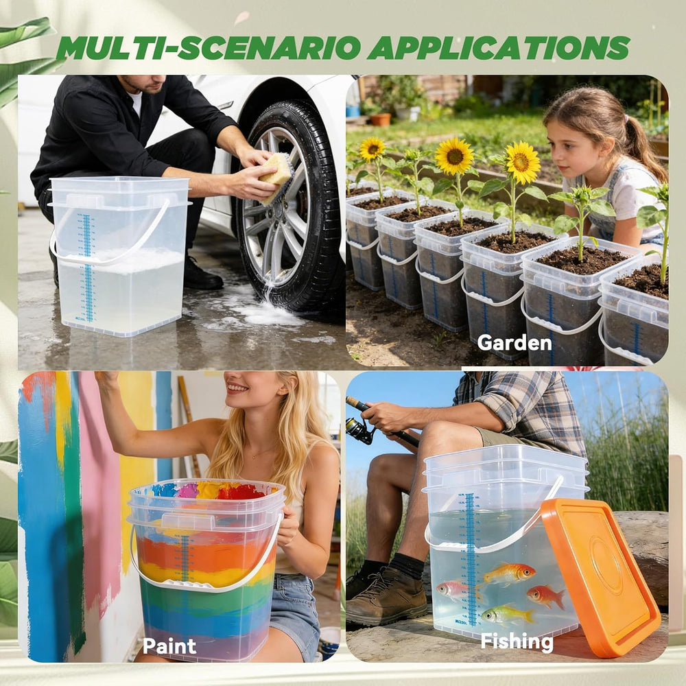 5 Pack 5 Gallon Square Plastic Bucket with Lids and Graduation Marks, Food Gr...