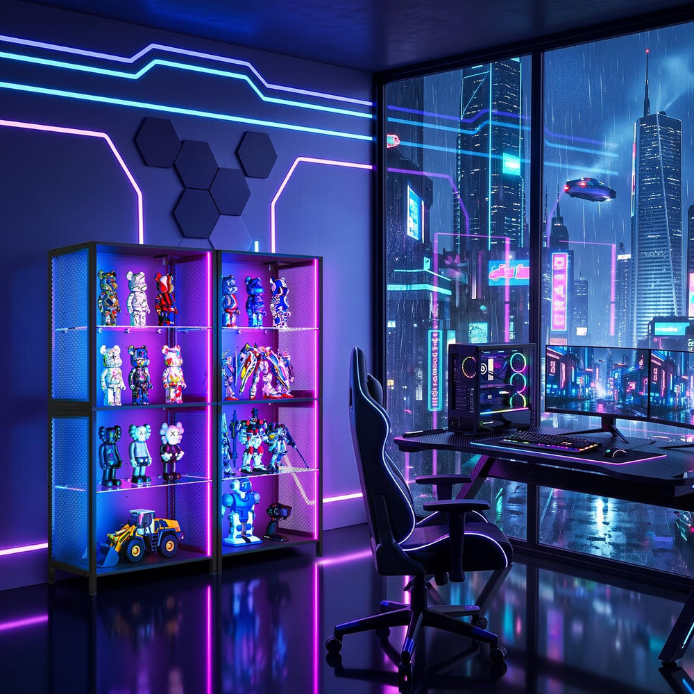 Display Case with RGB Lights & Metal Mesh Design, 4-Tier Display Cabinet