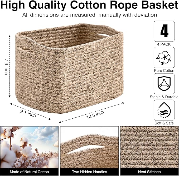 Small Storage Baskets for Shelves Organizing, Woven Cotton Rope Baskets for (...