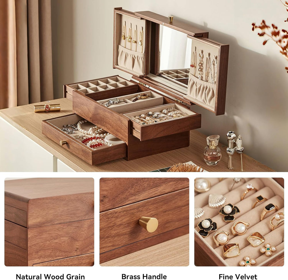 CHOSIN Black Walnut Wooden Jewelry Box for Women, 3 Level Multi-functional Dr...