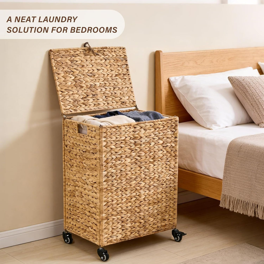 Hand-Woven Natural Water Hyacinth Laundry Basket with Wheels