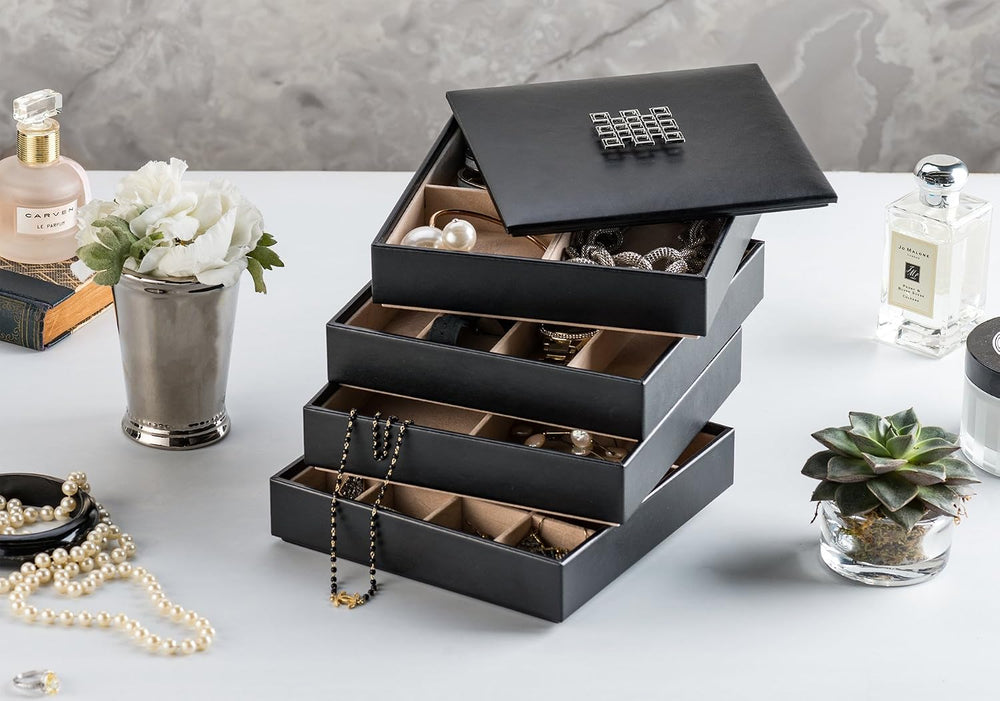 Glenor Co Jewelry Organizer Tray - 4 Stackable Trays & Lid with Mirror - ...