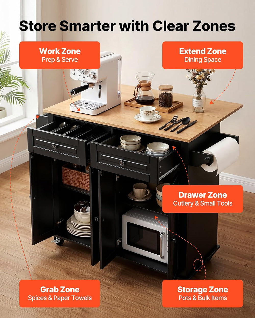 VEVOR Kitchen Island Cart with Storage, 43.58 in Wide Mobile Rolling Storage ...
