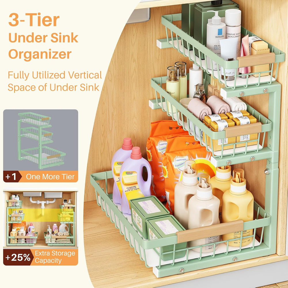 PXRACK Under Sink Organizer, 2-Pack 3-Tier Height Adjustable Thickened Metal ...