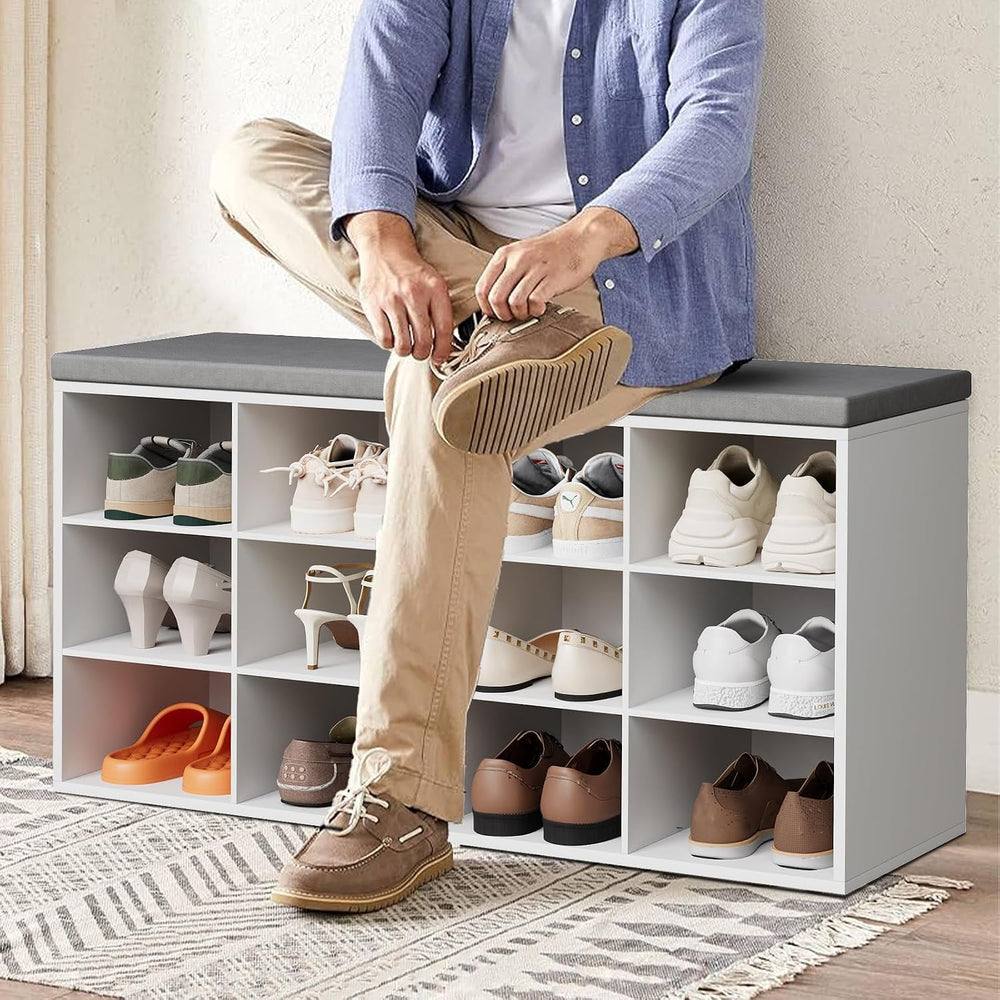 Aenuert 12-Cubby Shoe Rack with Cushion, 3-Tier Wood Shoe Organizer, Multifun...