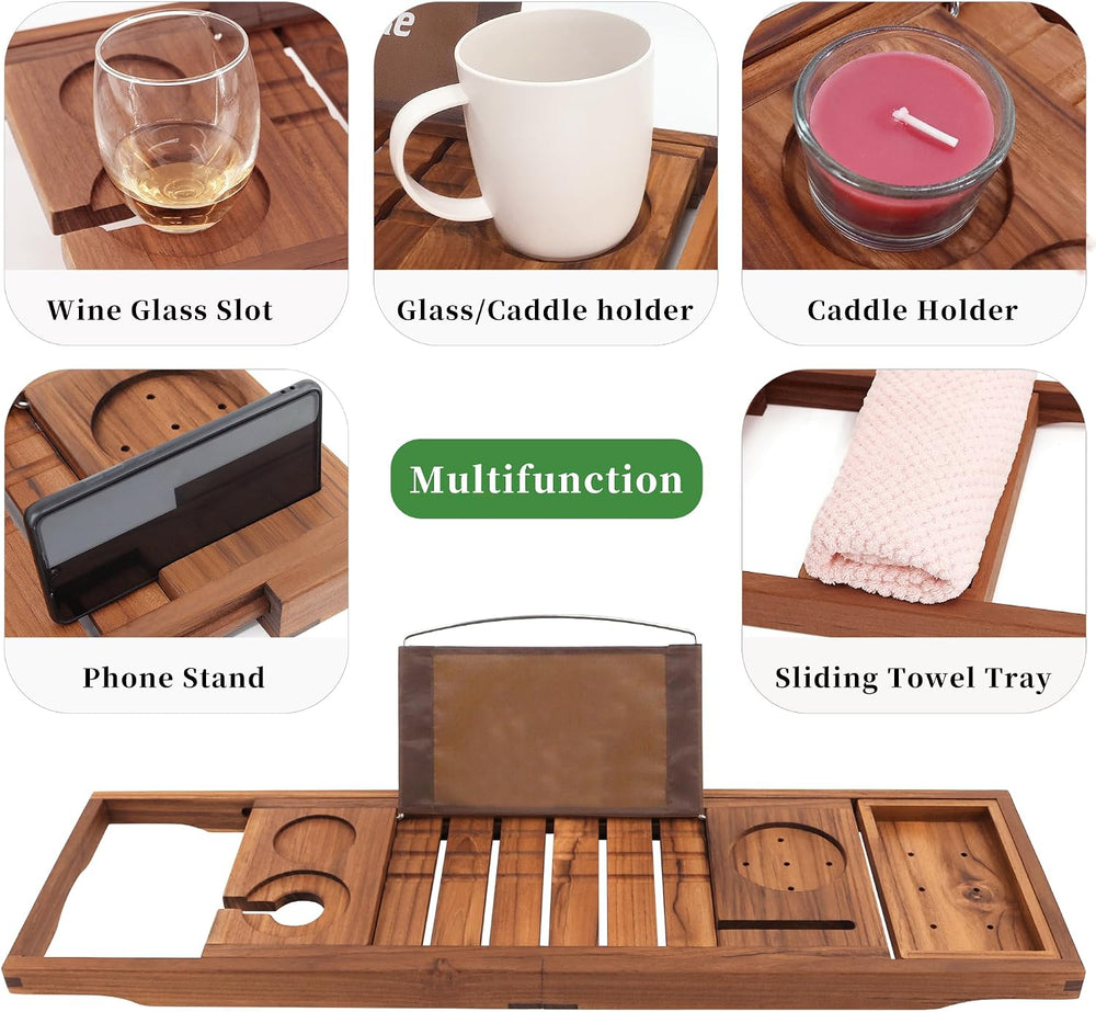 VaeFae Teak Bathtub Tray Expandable, Wooden Tub Caddy, Non-Folding