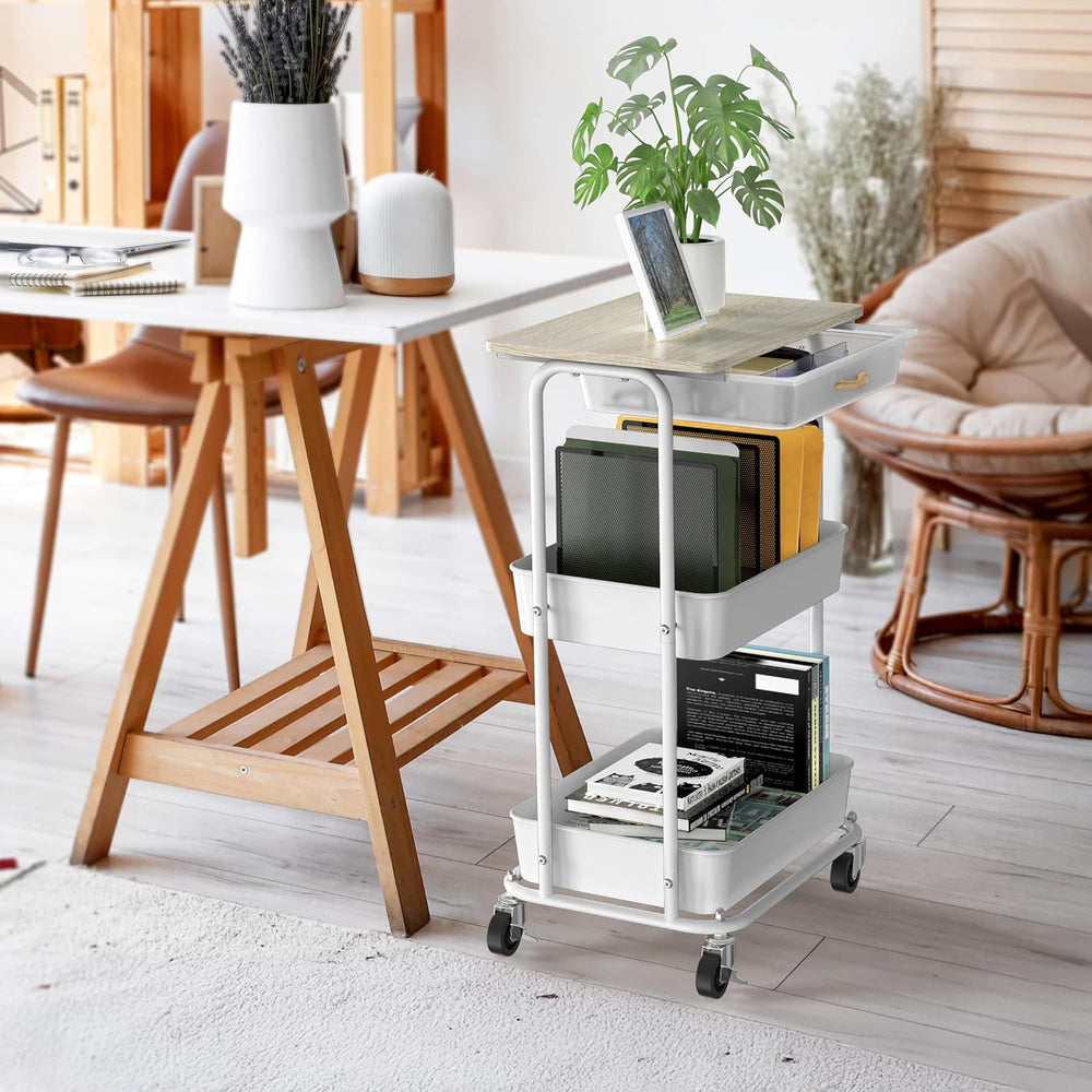 Simple Houseware 3-Tier Rolling Utility Cart with Drawer & Wood Top, Maple