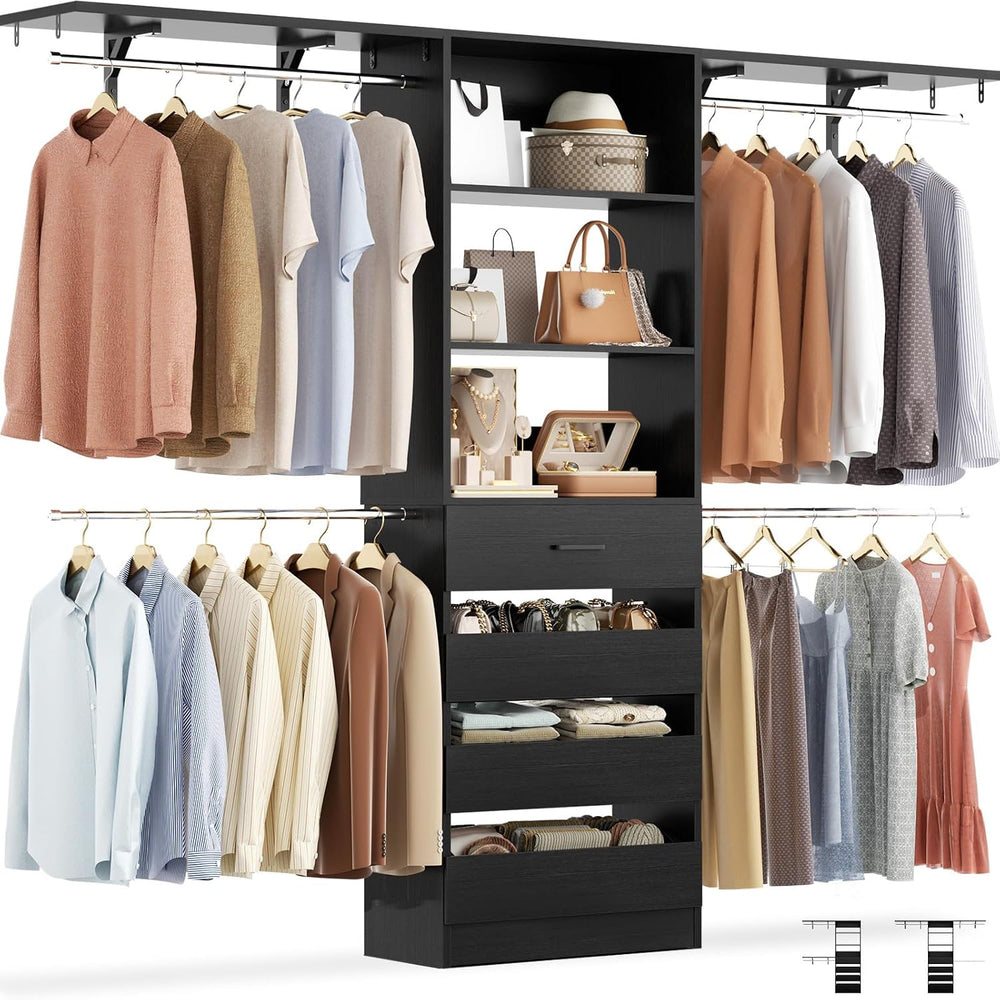 Aheaplus Closet System with 4 Drawers, 8FT Wood Closet Organizer System
