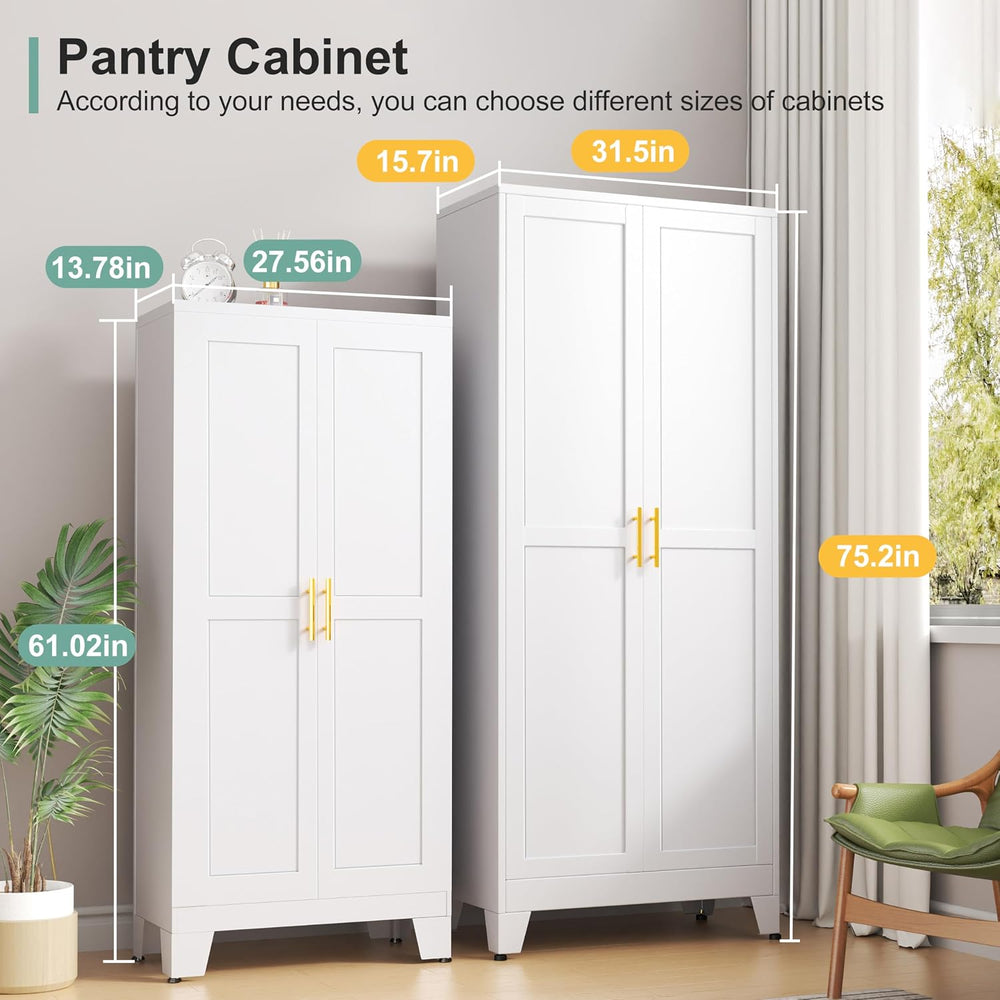 winiowa White Metal Kitchen Pantry Storage Cabinet with Doors and Shelves