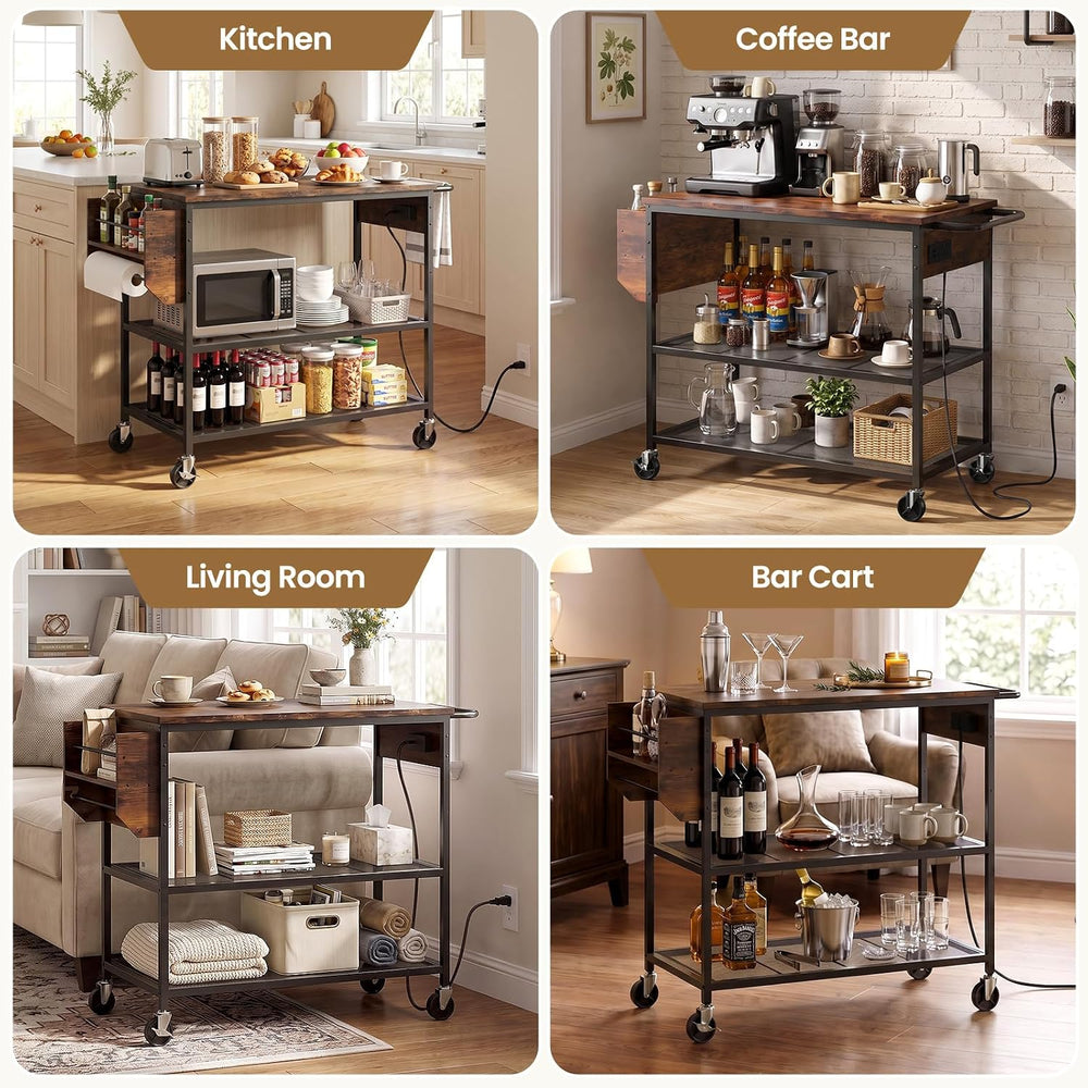 Rolling Kitchen Island Cart with Storage, 3 Tier Kitchen Cart on Wheels,Wood ...