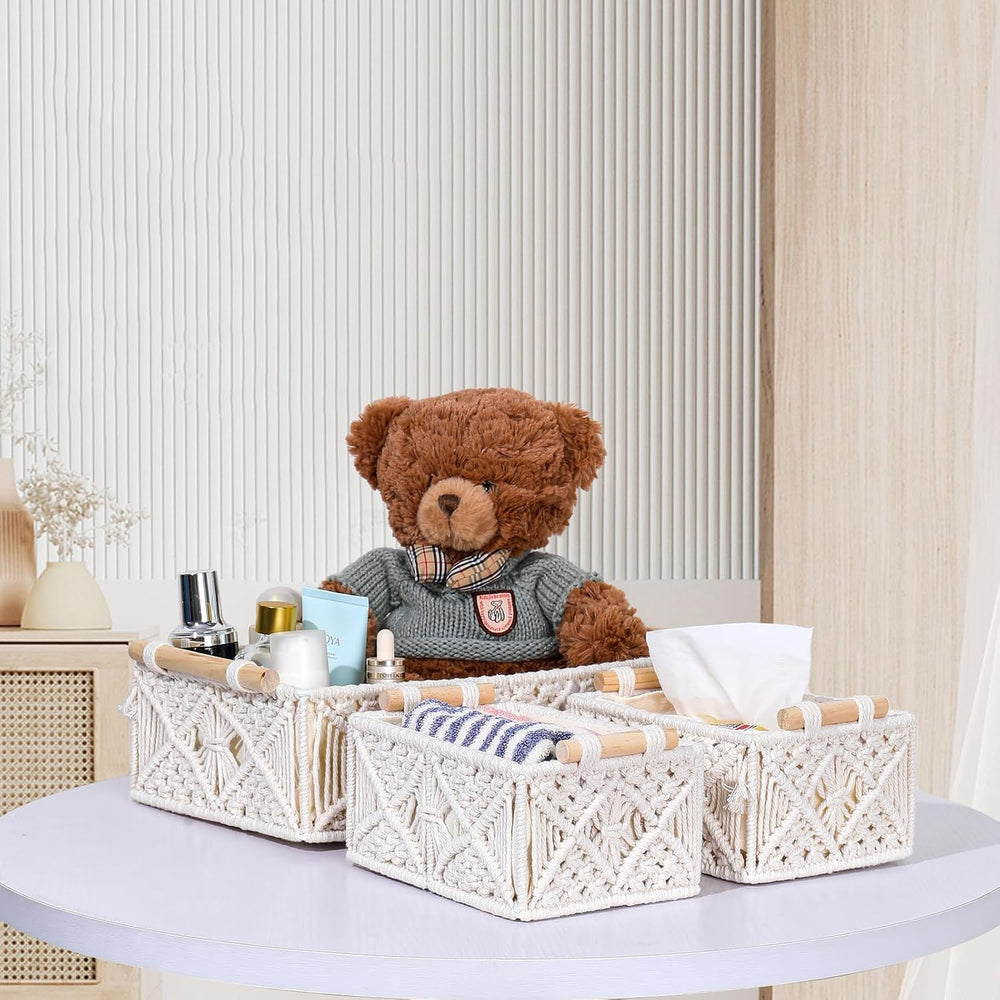 ANMINY 3PCS Decorative Macrame Baskets, with Removable Liner & Wood Handles