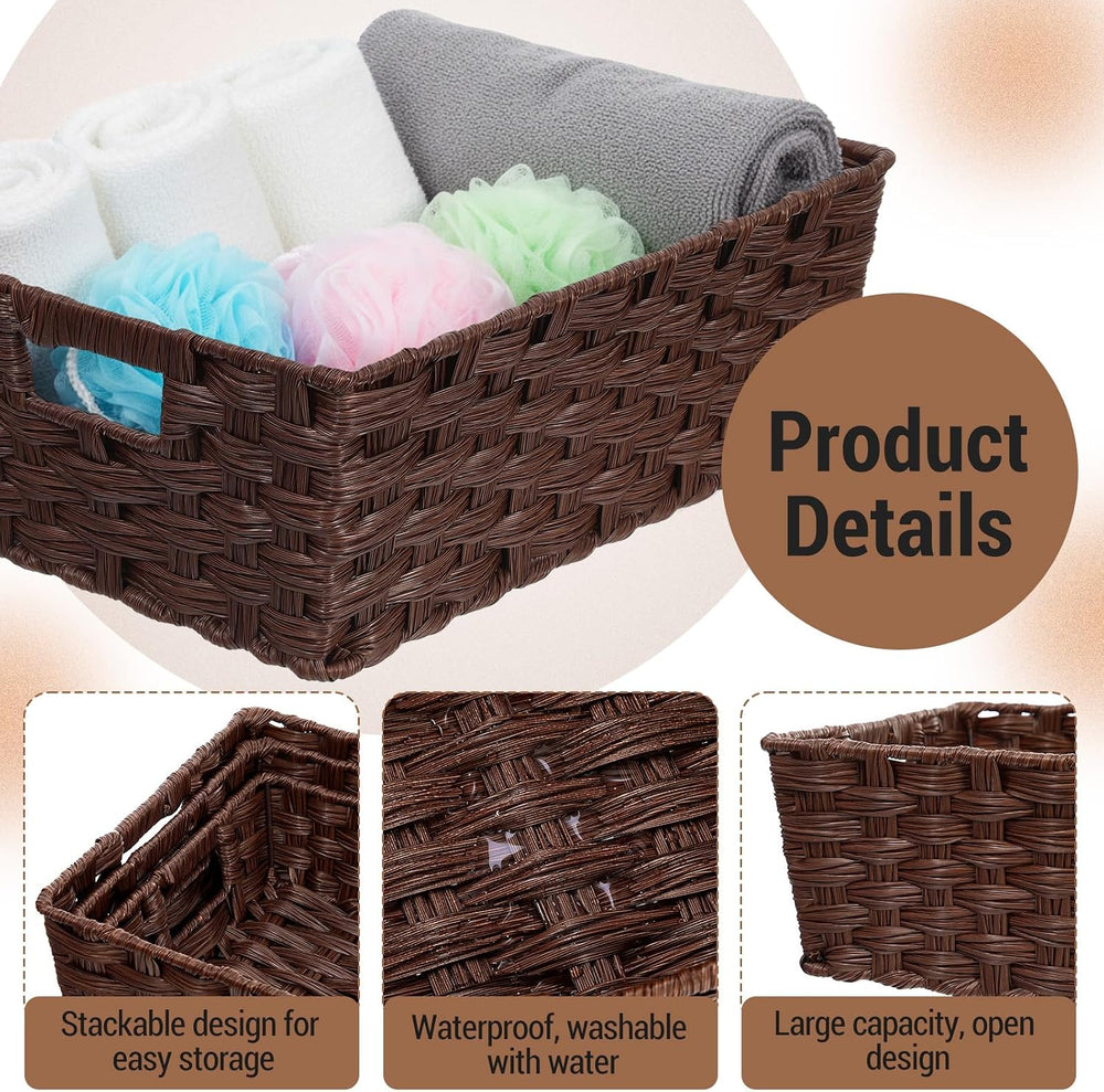 Set of 3 Large Wicker Storage Baskets for Organizing, Brown