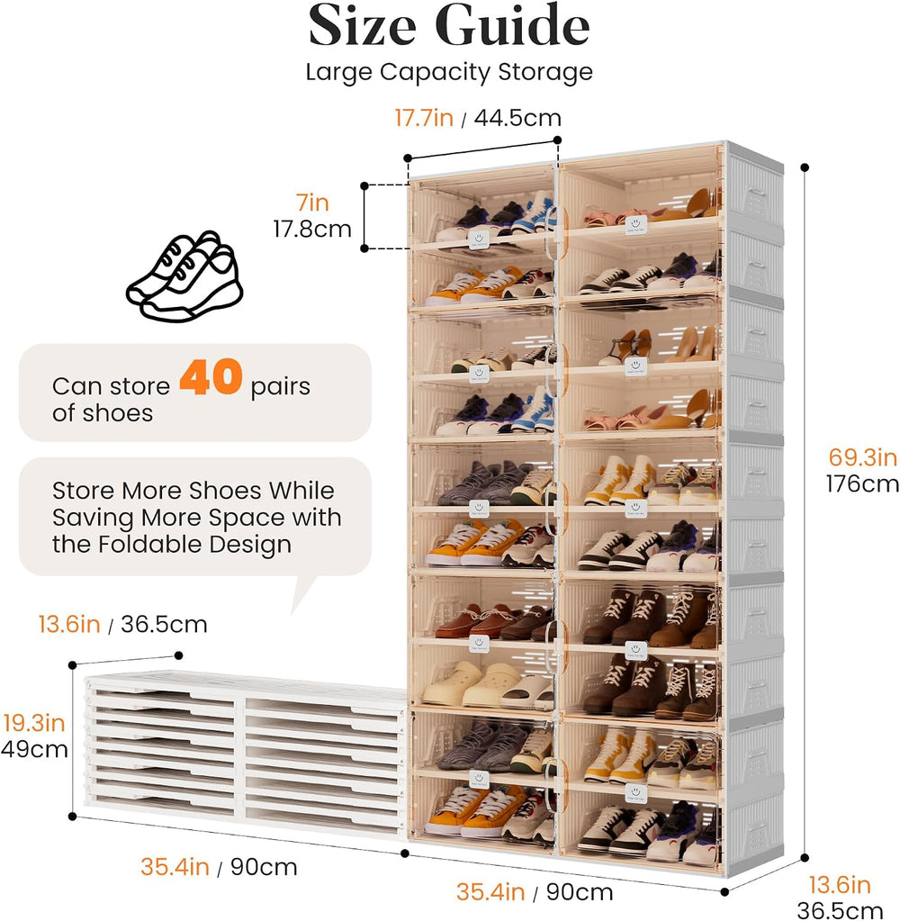 Foldable Shoe Organizer Storage Cabinet with Clear Magnetic Doors, Stackable ...