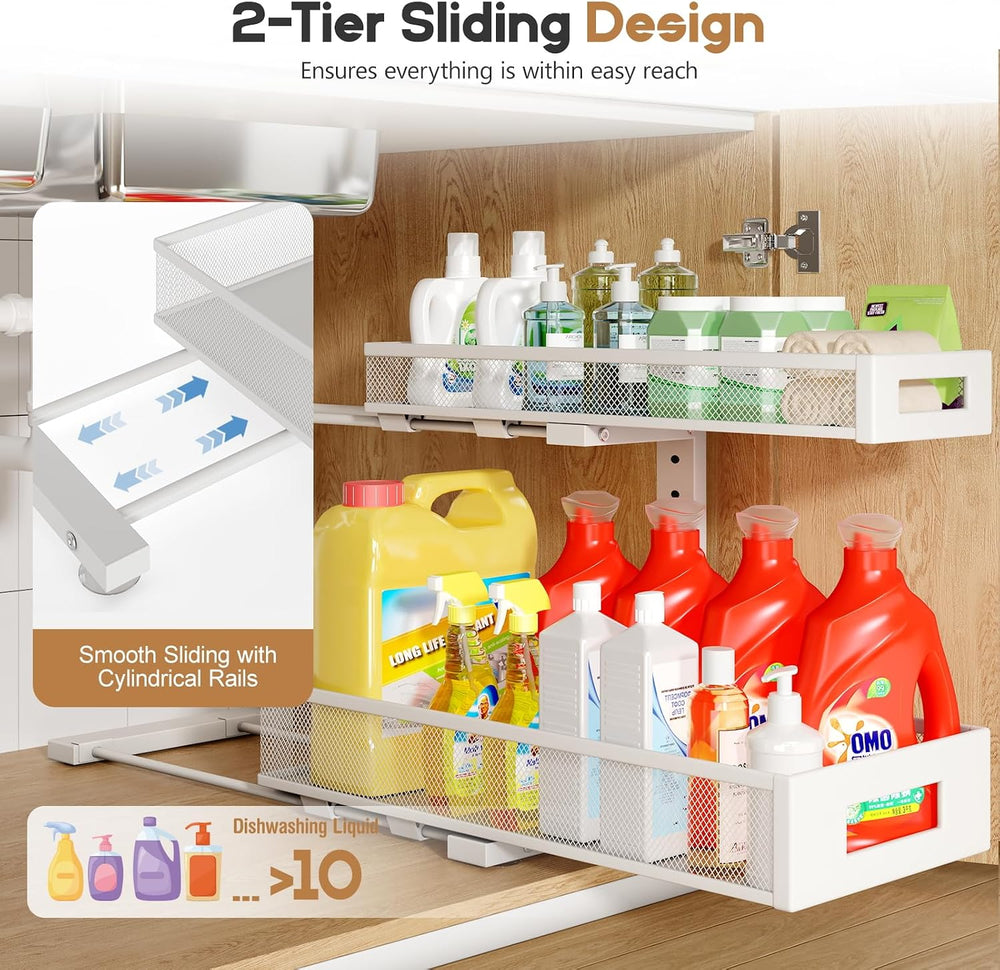 2 Pack 19IN Depth Under Sink Storage Organizer, Large 2-Tier Elegant Mesh Pul...
