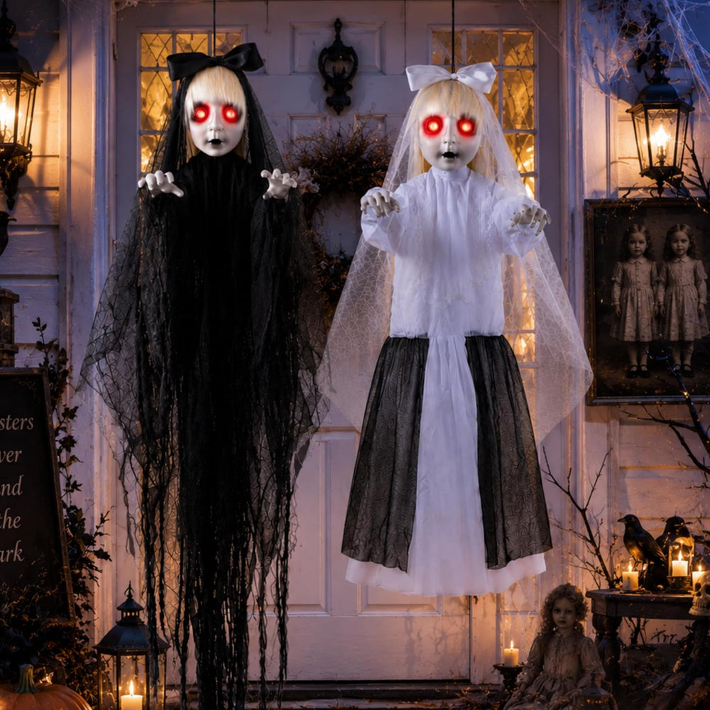 2 PCS Hanging Halloween Decorations Twin Sisters with LED Eyes & Sound