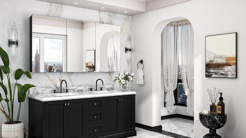 Keonjinn 60" x 32" Black Medicine Cabinet Mirror, Freely Adjustable...