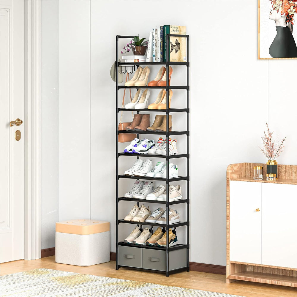 OYREL Tall Shoe Rack Narrow 10 Tier Shoes Rack 20 25 Pairs + 2 Boxes 1 Hook