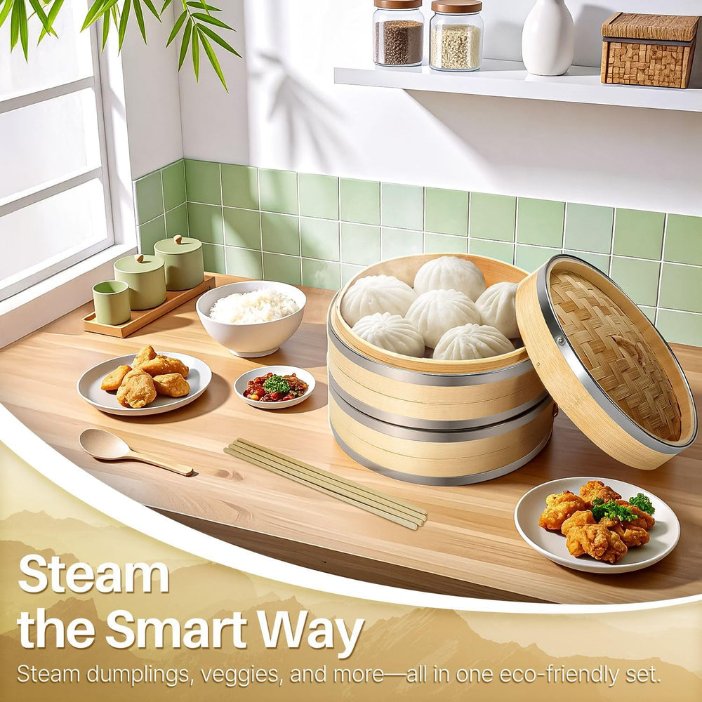 Flexzion 10-Inch Bamboo Steamer Basket Set with Stainless Steel Banding