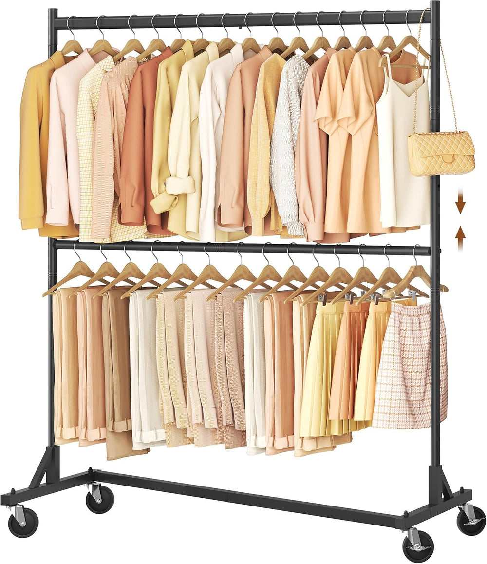Hoctieon Double Rod Z Rack, Rolling Clothes Racks with Z-Base, Adjustable Clo...