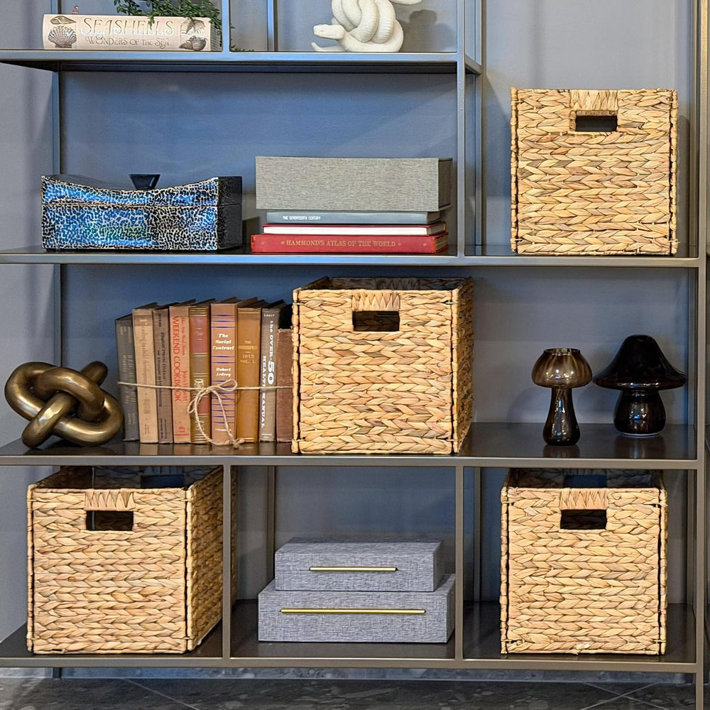 6 Hand-Woven Wicker Storage Baskets 13x11x11in, Water Hyacinth Shelf Bins
