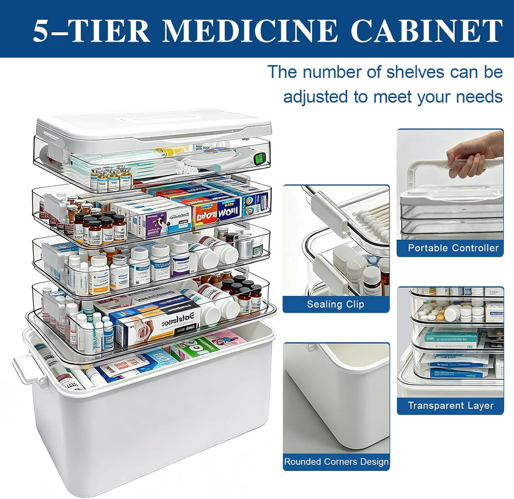 5-Tier Medicine Organizer Box, Medicine Cabinet with Plastic Handle