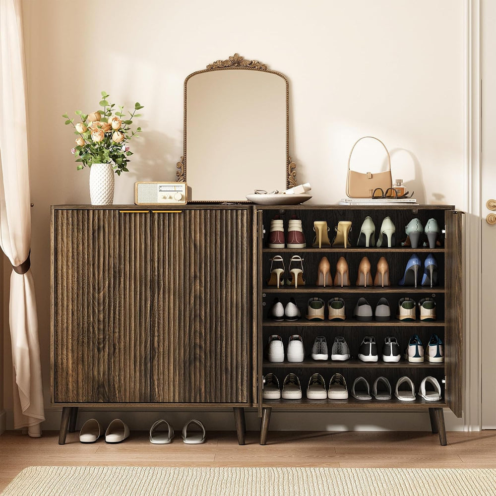 5-Tier Shoe Storage Cabinet with Adjustable Shelves, Walnut丨Fluted Shoe Cabin...