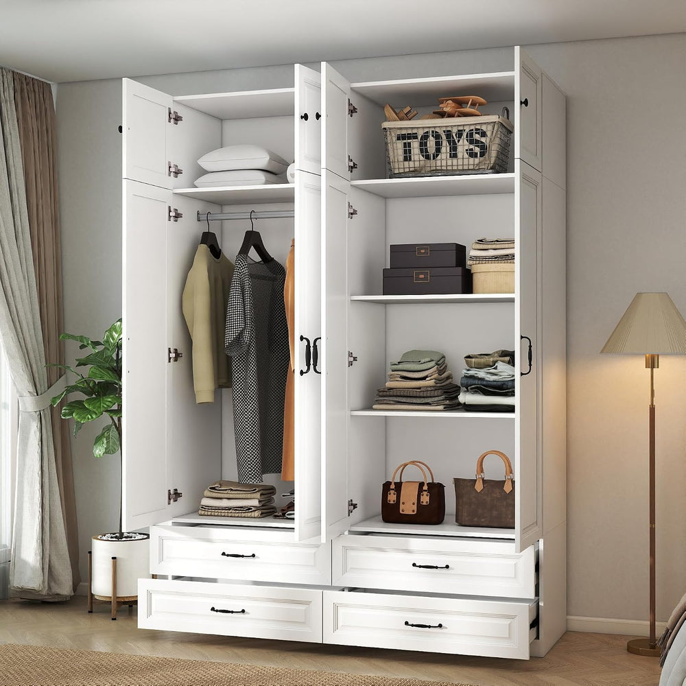 White Armoire Wardrobe Closet with 4 Drawers, 88" Tall x 63" Wide