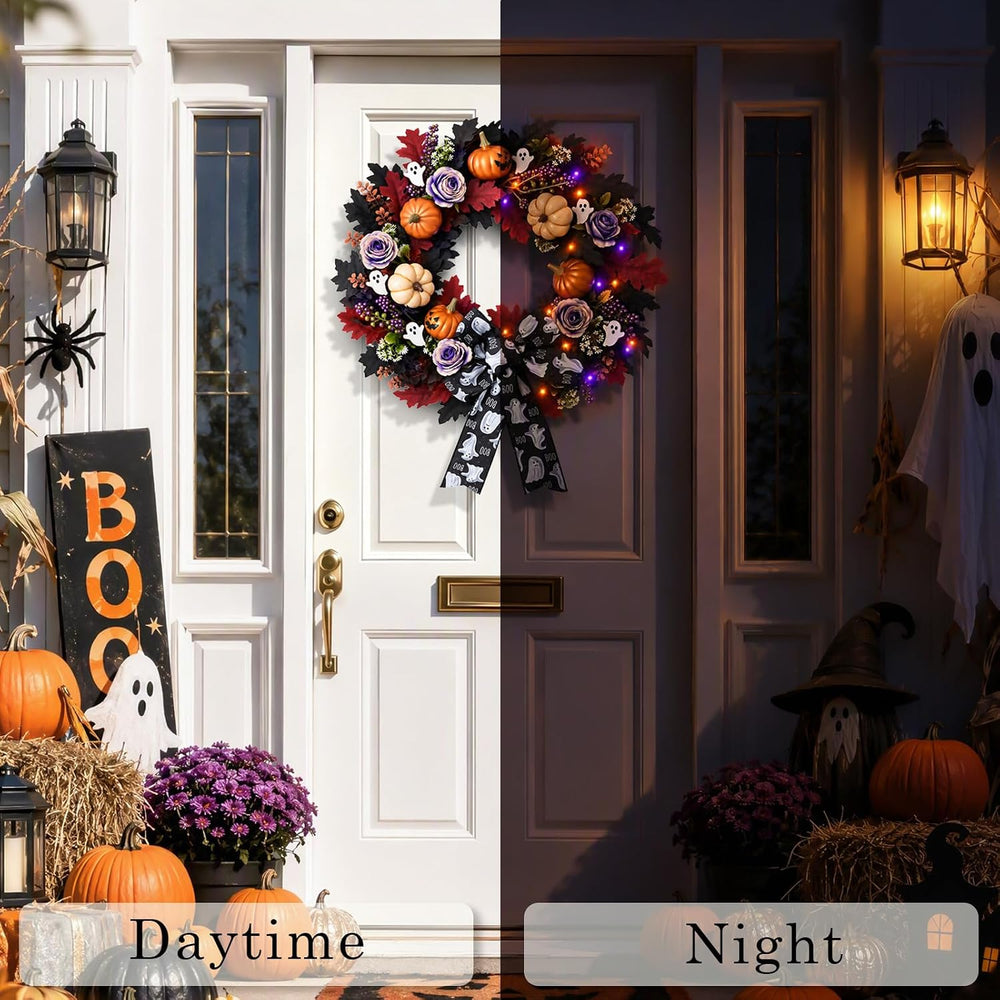 22'' Halloween Wreath for Front Door with Orange, Purple Light