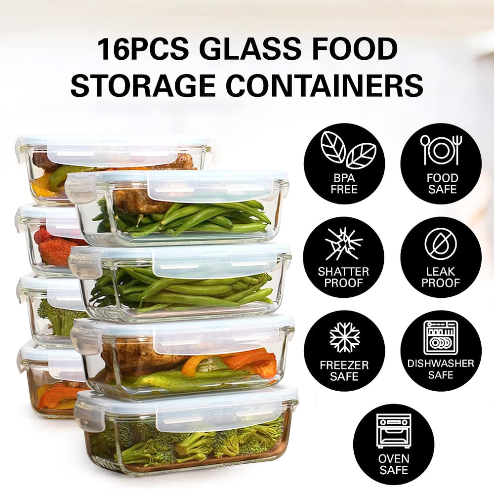 Razab 16 Pc (Set of 8) 30 Oz Glass Meal Prep Containers with Lids, Airtight L...